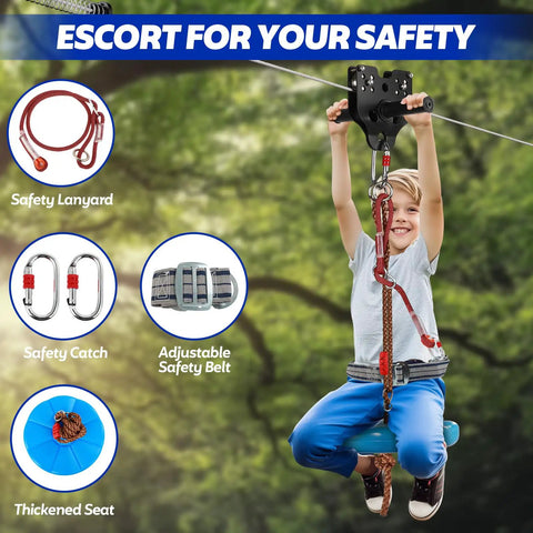 100 Ft Zip Line Kit for Kids and Adults up to 400 lbs with removable trolley and safety harness, featuring seat and tighten system