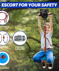 Boy using Backyard Zipline Kit For Kids And Adults Up To 400 Lbs With Quick Tighten Trolley Removable Seat And Thickened Safety Harness