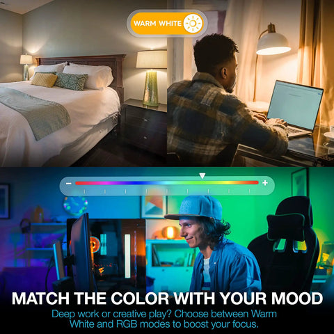 Man using laptop with Smart LED Bulbs 4 Pack With WiFi 2 4GHz and Bluetooth 5.0 in a bedroom and gaming setup.