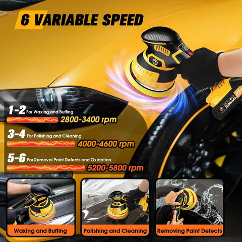 Cordless Car Buffer Polisher Kit With 2x 2000mAh 21V Batteries, 18 Attachments, 6 Speed Orbital Design in use on car