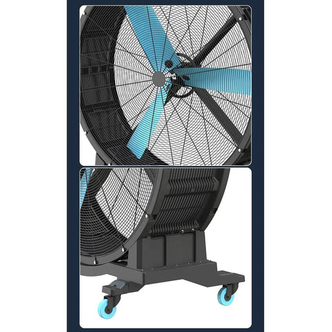 Heavy Duty Industrial Shop Fan With Tough Roll Cart Base And Flexible Tilt Head Kicks Up Serious Airflow To Blast Cooling Breezes Through Busy Workspaces Right Now with 48 inch blades and sturdy cart base.