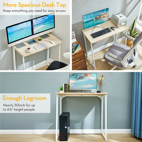 Compact Folding Desk For Small Spaces 31.5 Inch Oak Finish Computer Table showing dual monitors and ample legroom in home office