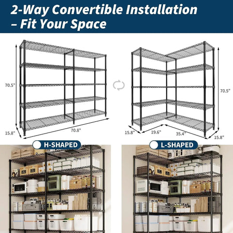 Heavy Duty 5 Tier Metal Storage Rack With Fully Adjustable Wire Shelves For Kitchen Garage Or Warehouse Uses Supports 1325 Pounds Total showing H-shaped and L-shaped configurations.
