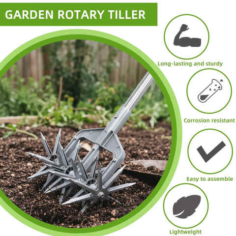 Side view of Rotary Cultivator For Your Garden With Adjustable Hand Tiller Detachable Solid Metal Tines 2 In 1 Manual Garden Cultivator