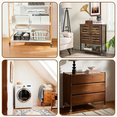 Four Pack Retro Bronze Square Base Caster Wheels With Heavy Duty Silent Ball Bearings And Ridiculously Smooth 360 Mobility So Your Furniture Rolls Like A Champ on a wooden furniture display.