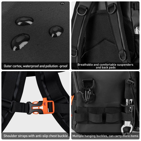 All In One Fishing Gear Kit With Backpack And Tackle Box Includes Lures Hooks Sinkers Pliers Lip Gripper Bait And Accessories, showing waterproof fabric, chest buckle, and straps.