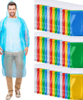 Man wearing blue poncho with 100 Pack Hooded Adult Rain Ponchos Disposable Plastic Gear Bulk Emergency Rain Coats Multicolor