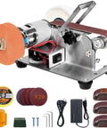 Hella Versatile Compact Mini Belt Sander For Electric Knife Sharpening And Woodworking With Quick Adjustments Custom Angles And Smooth Polish Finish For DIY Projects Or Shop Repairs, showing motor, sanding pads, and components.