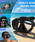 Scuba Mask For Grownups And Teens With Panoramic HD Lenses Snorkel Goggles With Nose Cover on sandy beach, ocean background
