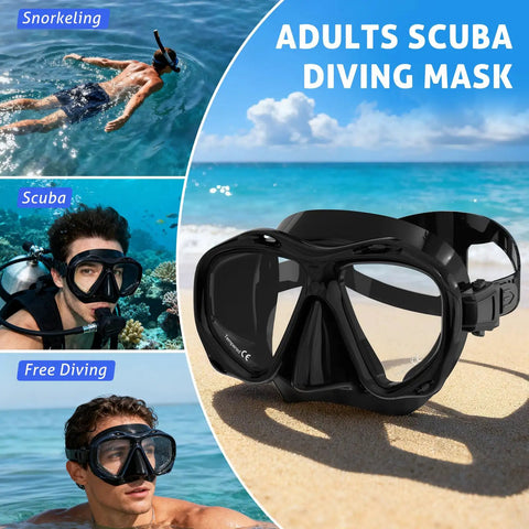 Scuba Mask For Grownups And Teens With Panoramic HD Lenses Snorkel Goggles With Nose Cover on sandy beach, ocean background