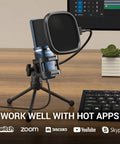 USB Podcast Microphone With Cardioid Condenser Pickup, Tripod Stand And Pop Filter on desk setup with keyboard