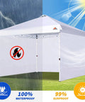 SunWalls Sidewalls For 10x10 Canopy Frame, 3 Pack White, showing waterproof and UV protection in split-weather illustration