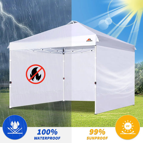 SunWalls Sidewalls For 10x10 Canopy Frame, 3 Pack White, showing waterproof and UV protection in split-weather illustration