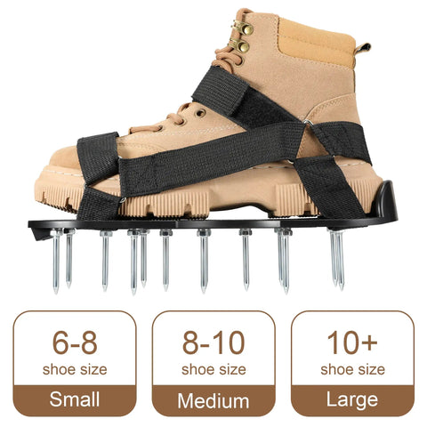 Side view of Pre Assembled Lawn Aerator Shoes with 26 Heavy Duty 2.4 Inch Spikes and adjustable buckle straps over a boot