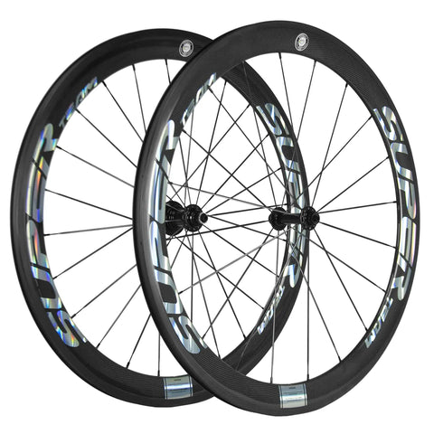 50mm Carbon Clincher Wheelset For 700c Road Bikes With Silver Decal Dope Aero Performance UCI Approved EN Tested Shimano 8, 9, 10, 11 Cassette Compatible V Brake Road Wheelset Aero Deep Rim Pro Grade