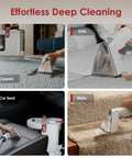 Portable Upholstery And Carpet Cleaner With 15KPa Suction And 500W Motor, Three Tool Attachments in use on carpets, sofa, car seat, stairs