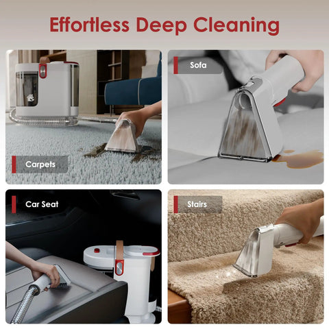 Portable Upholstery And Carpet Cleaner With 15KPa Suction And 500W Motor, Three Tool Attachments in use on carpets, sofa, car seat, stairs
