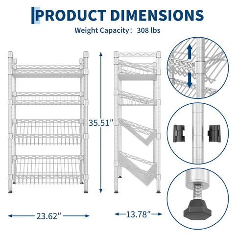 4 Tier Adjustable Wire Shelving Rack Built Tough As Nails For Ridiculously Sturdy Versatile Indoor Storage And Game Changing Heavy Duty Load Bearing Power dimensions showing 35.51" height and 23.62" width.