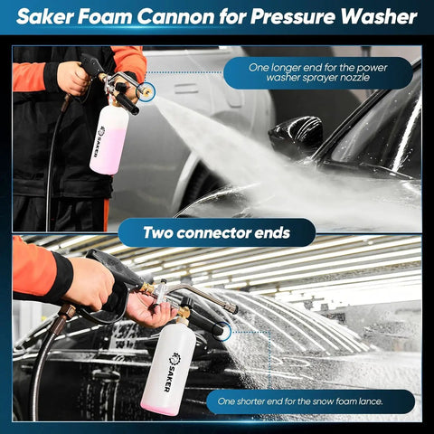 Person using Foam Cannon Dual Connector Accessory For Pressure Washer Kit With Dual Connector And Adjustable Nozzles for car cleaning