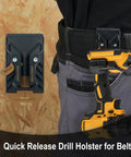 Premium 3 Pack Slick Quick Release Belt Clips For Tool Pouch Drill Holster No Sweat Snap On Off Attaches To Any 3 Inch Belt Or Wall Mount Grab And Go Tradesman Gear Rack Khaki attached to a belt with a drill.