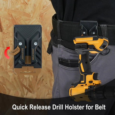 Premium 3 Pack Slick Quick Release Belt Clips For Tool Pouch Drill Holster No Sweat Snap On Off Attaches To Any 3 Inch Belt Or Wall Mount Grab And Go Tradesman Gear Rack Khaki attached to a belt with a drill.