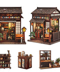 DIY Book Nook Kit Sakura Tea Pavilion 3D Wooden Puzzle Japanese Miniature House Kit For Adults And Beginners Bookshelf Insert Decor 220 Pieces 3 Hour Build, showcasing a detailed miniature Japanese tea pavilion and accessories.