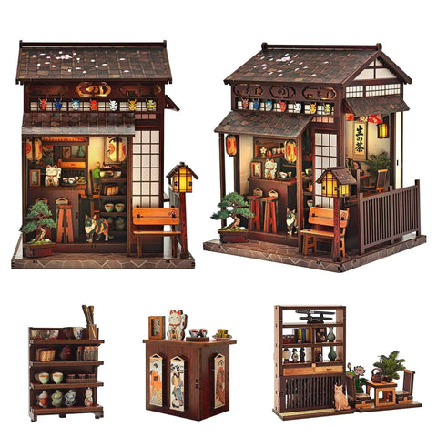 DIY Book Nook Kit Sakura Tea Pavilion 3D Wooden Puzzle Japanese Miniature House Kit For Adults And Beginners Bookshelf Insert Decor 220 Pieces 3 Hour Build, showcasing a detailed miniature Japanese tea pavilion and accessories.