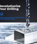 Close-up of cobalt HSS drill bit cutting into a metal channel, chips around the drilled hole.