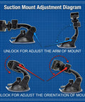 Go-To Suction Cup Car Mount For Two-Way Radios adjustment diagram showing flexible arm and quick-lock features