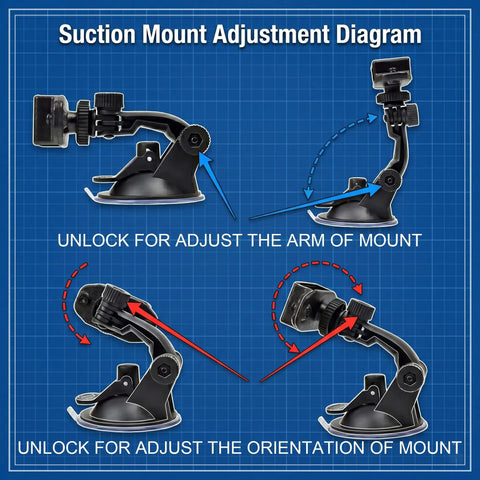Go-To Suction Cup Car Mount For Two-Way Radios adjustment diagram showing flexible arm and quick-lock features