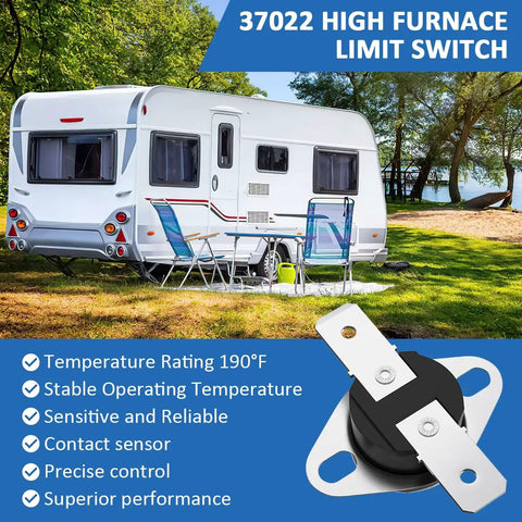Outdoor RV with 190F High Temperature Furnace Limit Switch For Atwood Hydroflame RV Heaters, showing specs and use for 8500 Series