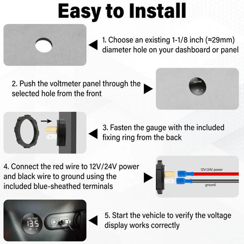 Instructions for installing the Panel Mount Digital Led Voltmeter Gauge For Cars And Trucks Dual Range 12 Volt Or 24 Volt.