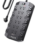 Massive 28 In 1 Power Strip Surge Protector With 22 Outlets, 2 USB C Ports, 4 USB A Ports, 1875 Watts And 15 Amps, 2100 Joule Surge Protection, Six And A Half Foot Extension Cord, Wall Mount Holes For Home Office Dorm Gaming. Black power strip with 22 outlets and USB ports, angled view