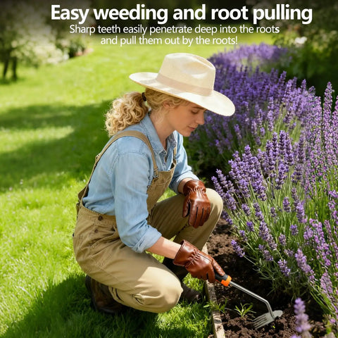 Gardener using Five Teeth Weed Puller Tool With Rubber Handle Upgraded Stainless Steel Hand Weeder For Garden And Yard Pro Root Remover For Weeding In Beds Lawns And Farms in flower bed