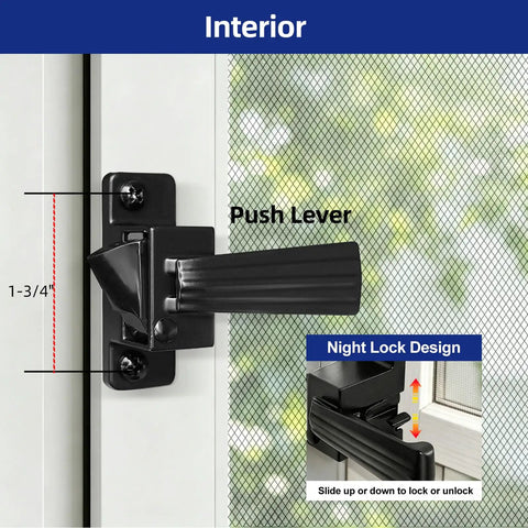 Screen And Storm Door Push Button Latch Handle Set With Night Lock, Aluminum Alloy Construction, Weather Resistant, Rust Proof, No Hassle Install, Durable Replacement For Screen Doors And Storm Doors, Secure Entry And Night Privacy, black interior view