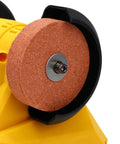 Compact Cordless Bench Grinder With 5500Rpm Motor, Compatible With Dewalt Batteries, Mini Sander Polisher machine close-up of coarse grinding wheel.