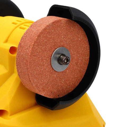 Compact Cordless Bench Grinder With 5500Rpm Motor, Compatible With Dewalt Batteries, Mini Sander Polisher machine close-up of coarse grinding wheel.