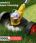 Cordless 24V Weed Wacker with dual wheels cutting grass, showcasing powerful motor and efficient lawn maintenance capability.