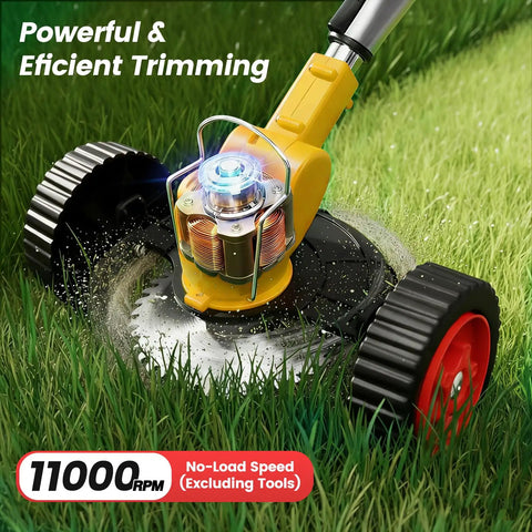 Cordless 24V Weed Wacker with dual wheels cutting grass, showcasing powerful motor and efficient lawn maintenance capability.