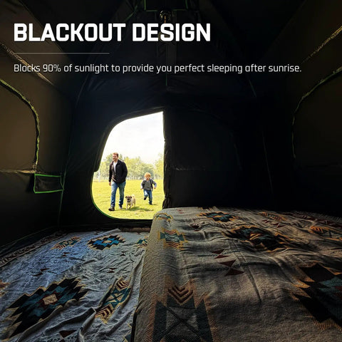Roomy Six Person Camping Tent With Heavy Duty Blackout Layer Blocks Bright Morning Sun And Keeps Things Cool For Your Crew Includes Full Rainfly For Smooth Weekend Getaways, showing interior and outdoor view.
