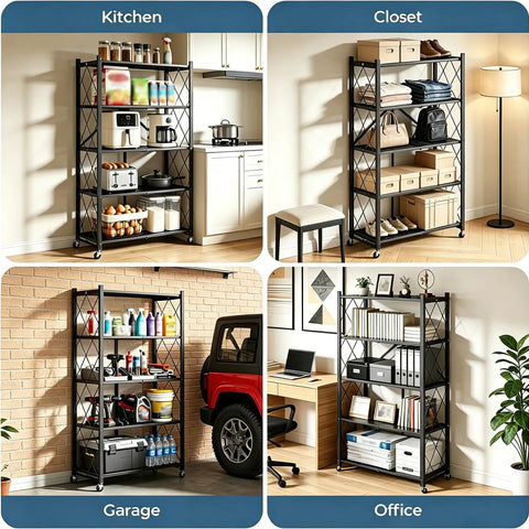 Heavy Duty Four Tier White Collapsible Metal Wire Shelving Rack That Folds Flat, used in kitchen, closet, garage, and office.