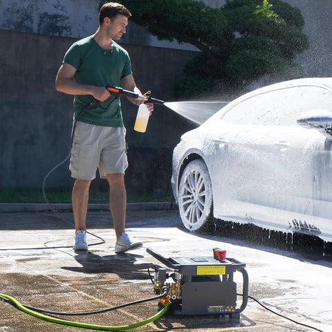Man using Beefed Up Electric Pressure Washer 100 Bar 2.3 GPM With PM Inverter 3HP Motor Horizontal Triplex Pump Ultra Quiet 65 Decibel Includes 7 Nozzles For Cars And Driveways on car
