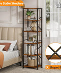Dope Industrial Style 6 Tier Tall Bookshelf For Tight Spaces, Narrow Display Shelf Unit In Metal And Wood, Rustic Brown Finish