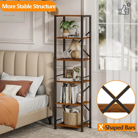 Dope Industrial Style 6 Tier Tall Bookshelf For Tight Spaces, Narrow Display Shelf Unit In Metal And Wood, Rustic Brown Finish