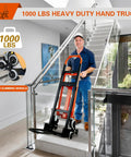 Man using Three In One Industrial Convertible Hand Truck with 1000 lbs capacity and stair climbing wheels on stairs at home.
