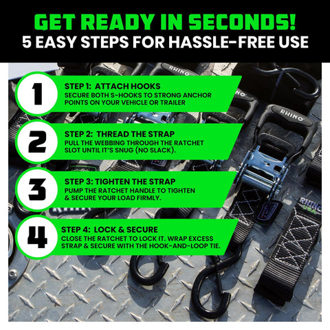 Instruction steps for using Heavy Duty Ratchet Straps Kit Four Pack 1.6 Inch By 8 Feet With 5000 Lb Break Strength and S-hooks.