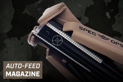 Auto Feed Hog Ring Plier 16-Gauge With Spring Loaded Magazine, 50 Ring Capacity, close-up view showing auto-feed mechanism.
