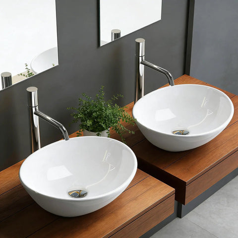NUESTRA VIDA Overhead Sink Oval Ceramic 16.1 * 13 * 5.5 IN - Small Bathroom Hand Sink, Modern Above-Counter Basin for Guest Toilet with chrome faucet.