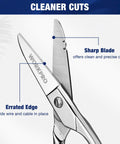 Electrician Scissors With Stripping, 5-1/5 Inch Pro Grade Cable Cutter For Ethernet Cables, Wires, Plastics And Light Metals Heavy Duty, Precise Cuts For Telecom And Electrical Pros, Durable Hand Tool close-up of serrated sharp blade