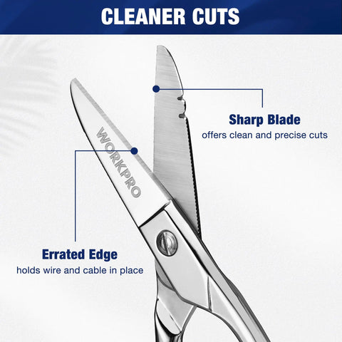 Electrician Scissors With Stripping, 5-1/5 Inch Pro Grade Cable Cutter For Ethernet Cables, Wires, Plastics And Light Metals Heavy Duty, Precise Cuts For Telecom And Electrical Pros, Durable Hand Tool close-up of serrated sharp blade